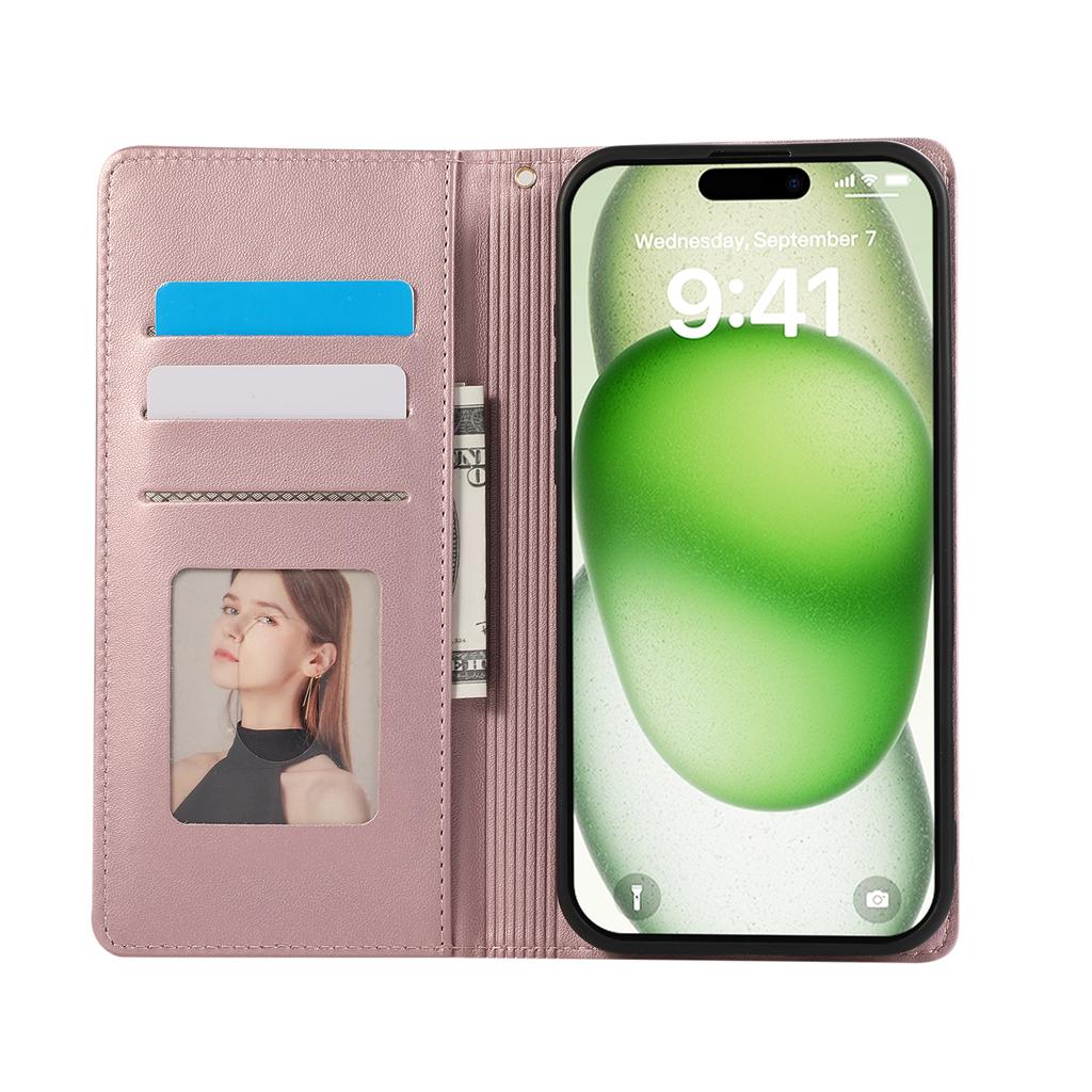 For iPhone 16 Case RFID Blocking Wallet Stand Rhombus Leather Phone Cover with Wrist Strap