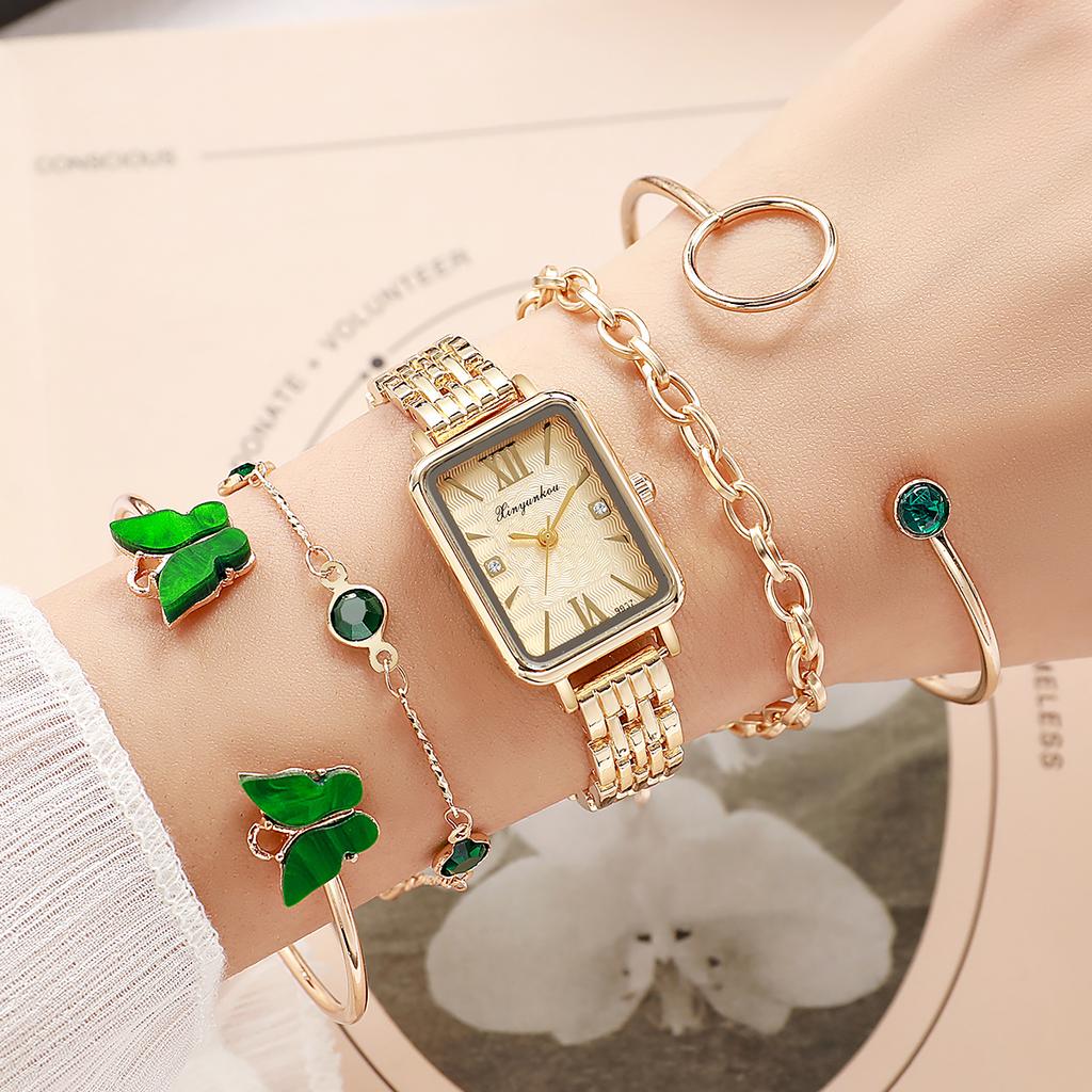 Golden Square Roman Dial Women's Quartz Watch Multi-Piece Set Green Ornaments Butterfly Jewelry Set Light Luxury Gift