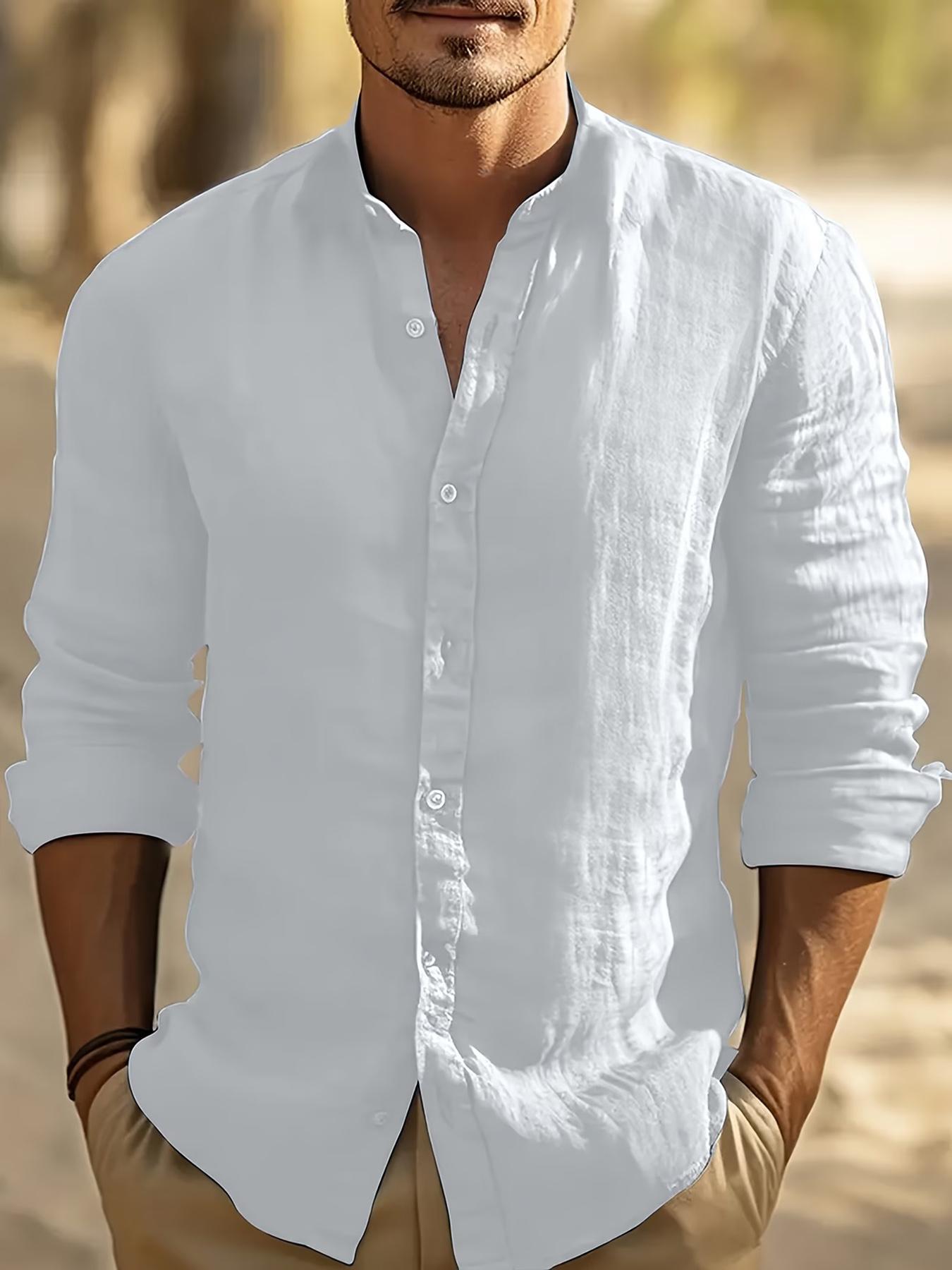 Herren Leinen Baumwollmischung Hemd Freizeit Button-Down Mandarin Kragen Langarm Sommer Strandurlaub Leichtes Oberteil XXXL weiß