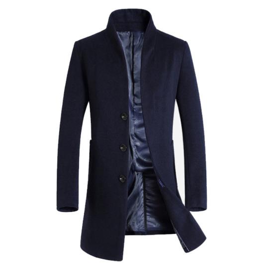 Men Winter Warm Solid Color Woolen Trench Coat Outwear Overcoat Long Jacket