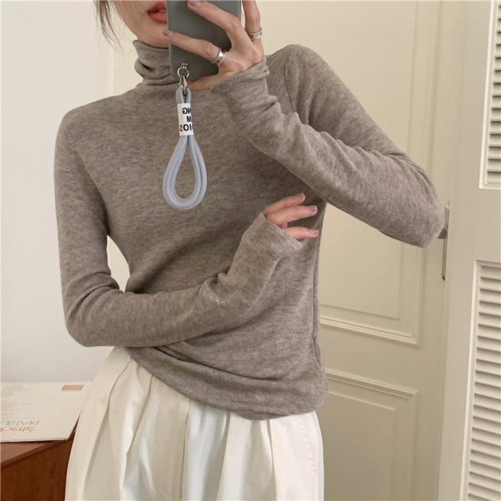 Piled Collar Solid Color All-match Knitted Sweater Women's Autumn and Winter Western-style Slim-fit Coat Inner Knitted Base Shirt