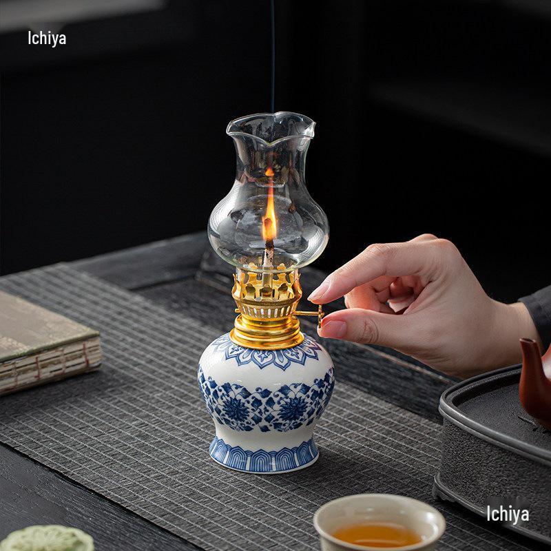 Hand-Painted Floral Retro Kerosene and Ceramic Butter Lamp - New Chinese Style Night Light for Bedroom and Study