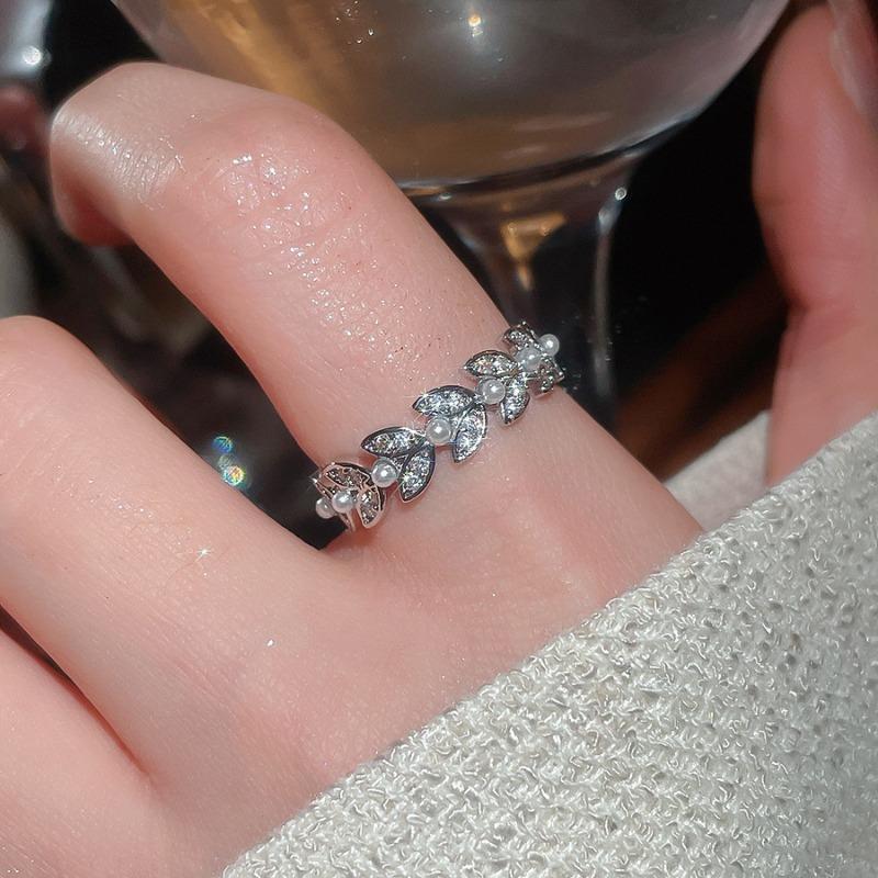 Cold wind zircon pearl opening ring Korean elegant temperament versatile index finger ring light luxury high-end jewelry women