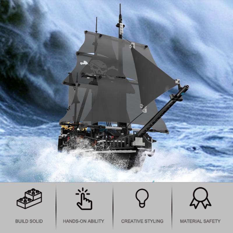 1424PCS Black Pirate Ship Building Blocks Skeleton Ghost Boat Model Assembly Bricks Toys Desktop Decoration Kids Holiday Gifts