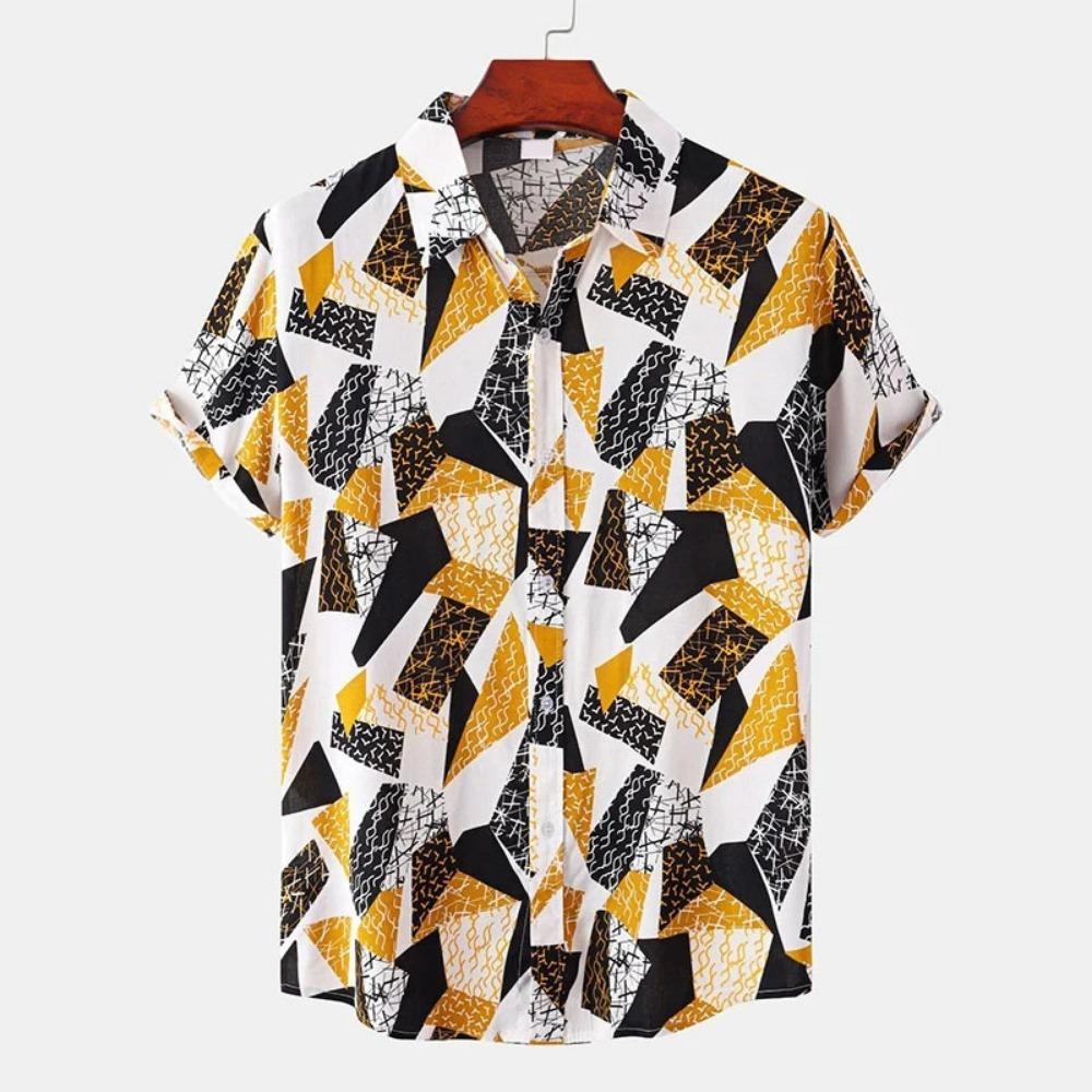 Vintage Splicing Pattern Hawaiian Shirt For Men Colorful Square 3D Printed Short Sleeve Blouse Casual Button Loose Aloha Shirts
