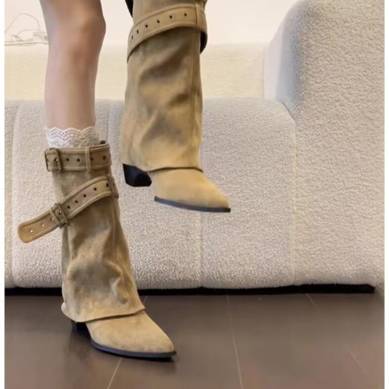 Fashion Pointed Toe Slip on Women Western Ankle Boots Concise Square Heels Shoes Laides Belt Buckle Short Booties