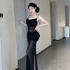 High-Waisted V-Neck Sheer Mesh Panel Long Slip Dress Women Sexy Chic Party Wear In Black Red