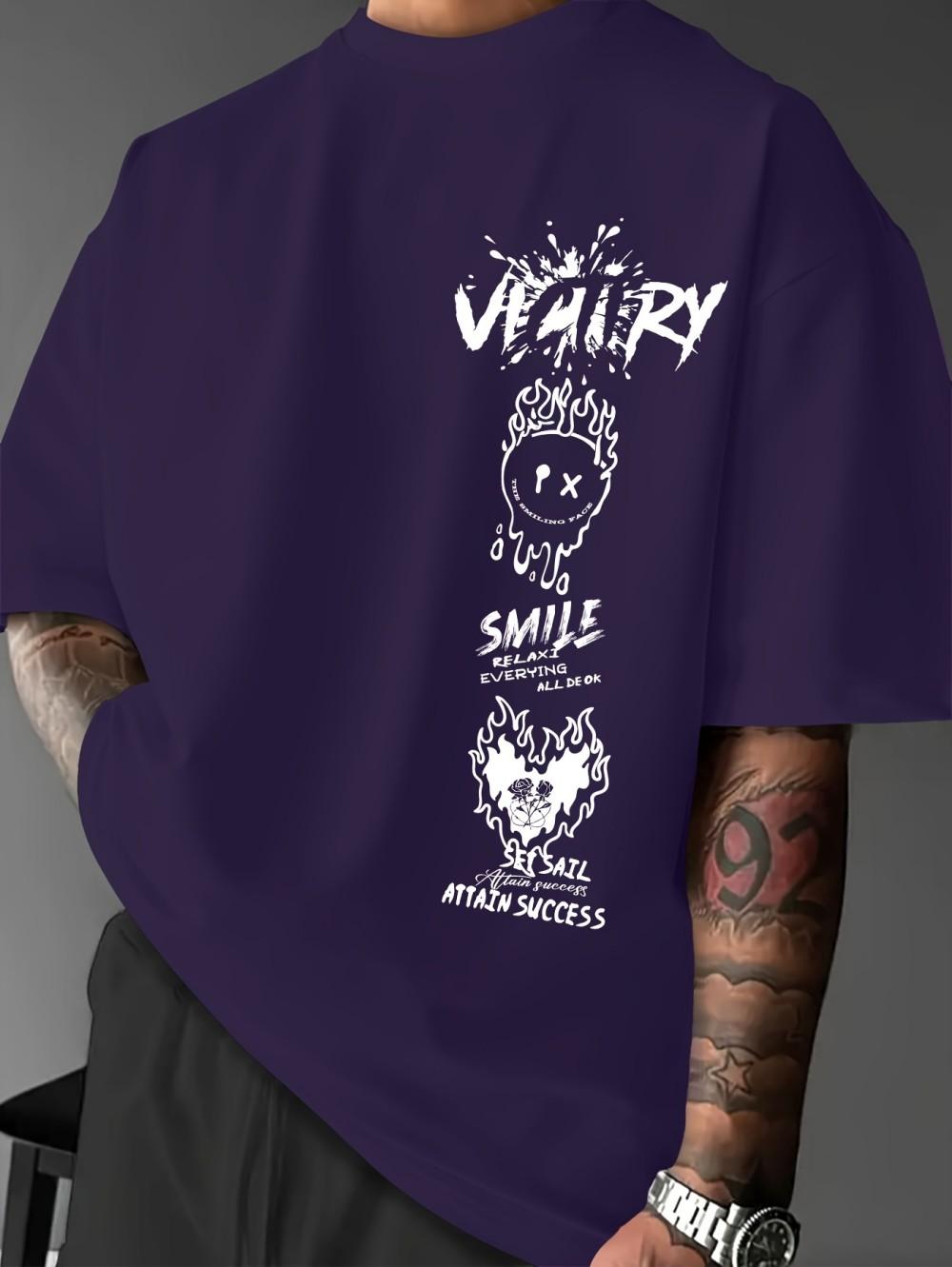 Summer mens new letter smiley face rose print breathable and comfortable round neck Tshirt outdoor casual top S
