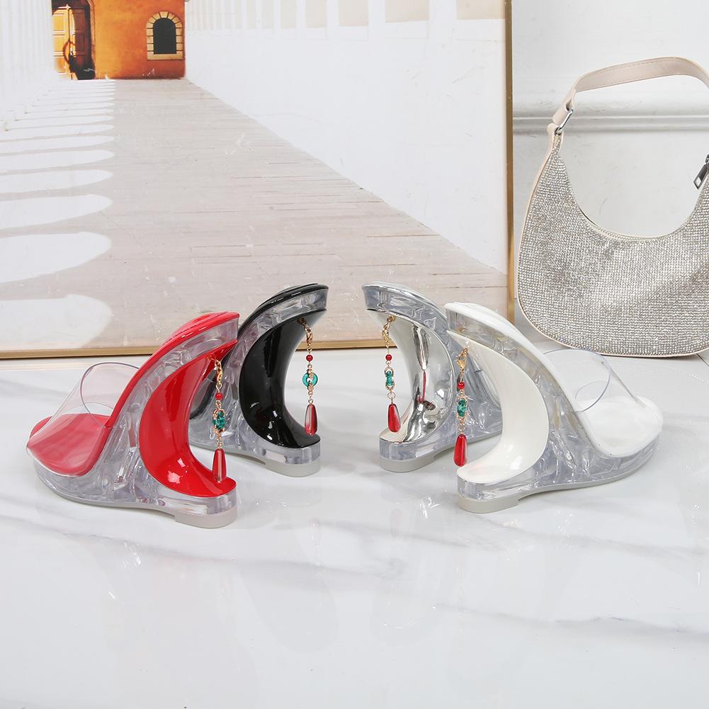 Thick-soled Transparent Waterproof Table High-heeled Cool Slippers Special-shaped Heel Outer Wear Crystal Princess Wedge Heel Women's Shoes College
