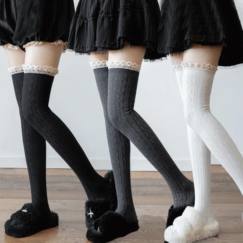 Sexy Lace Long Socks Women Lolita Over Knee Thigh High Sock Knit Thigh High Up Stockings Girls Thermal Warm Tall Tube Leggings