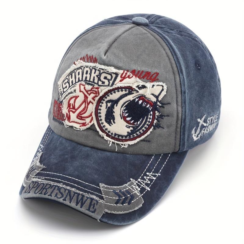 1pc, Vintage Baseball Cap, Denim Embroidered Shark 100% Cotton Trucker Hat, Retro Frayed Edge Sunhat Outdoor Cap