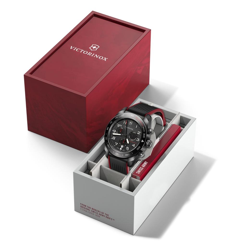 Victorinox SWISS ARMY Chronograph Analog Quartz Black Red Rubber Stainless Steel Case Interchangeable Brand Gift Water-Resistant Men's Watch, Dial,
