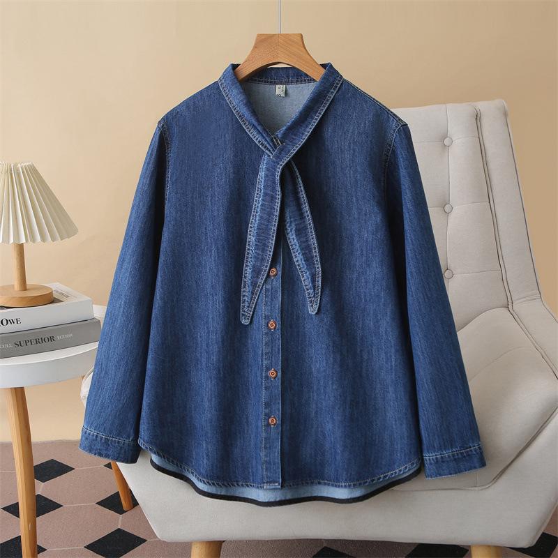 

2026 Plus Size Slimming Denim Cardigan: Long Sleeve Bow Jacket for Chubby Girls 4XL темно-синий