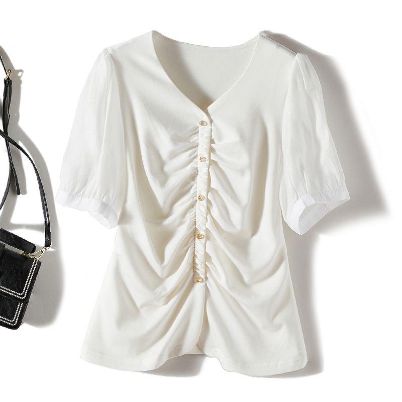

Экспортный заказ! Элегантная женская летняя футболка с драпировкой, формирующая грудь, из атласного поплина, шелковая, с маленьким V-образным вырезом и пышными рукавами, топы для кожи, новинка White L
