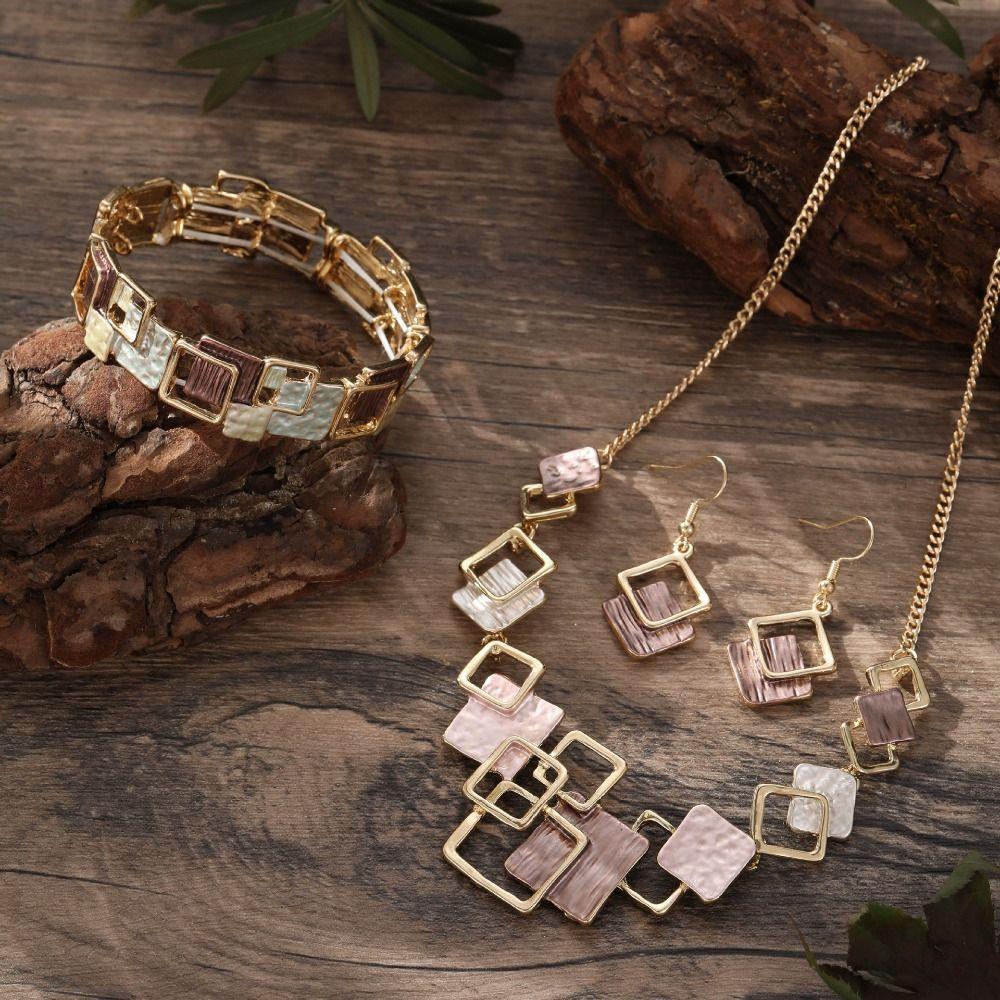 Geometric Vintage Colored Necklace Vintage Square Bracelet Elegant Women Jewelry Set  Party