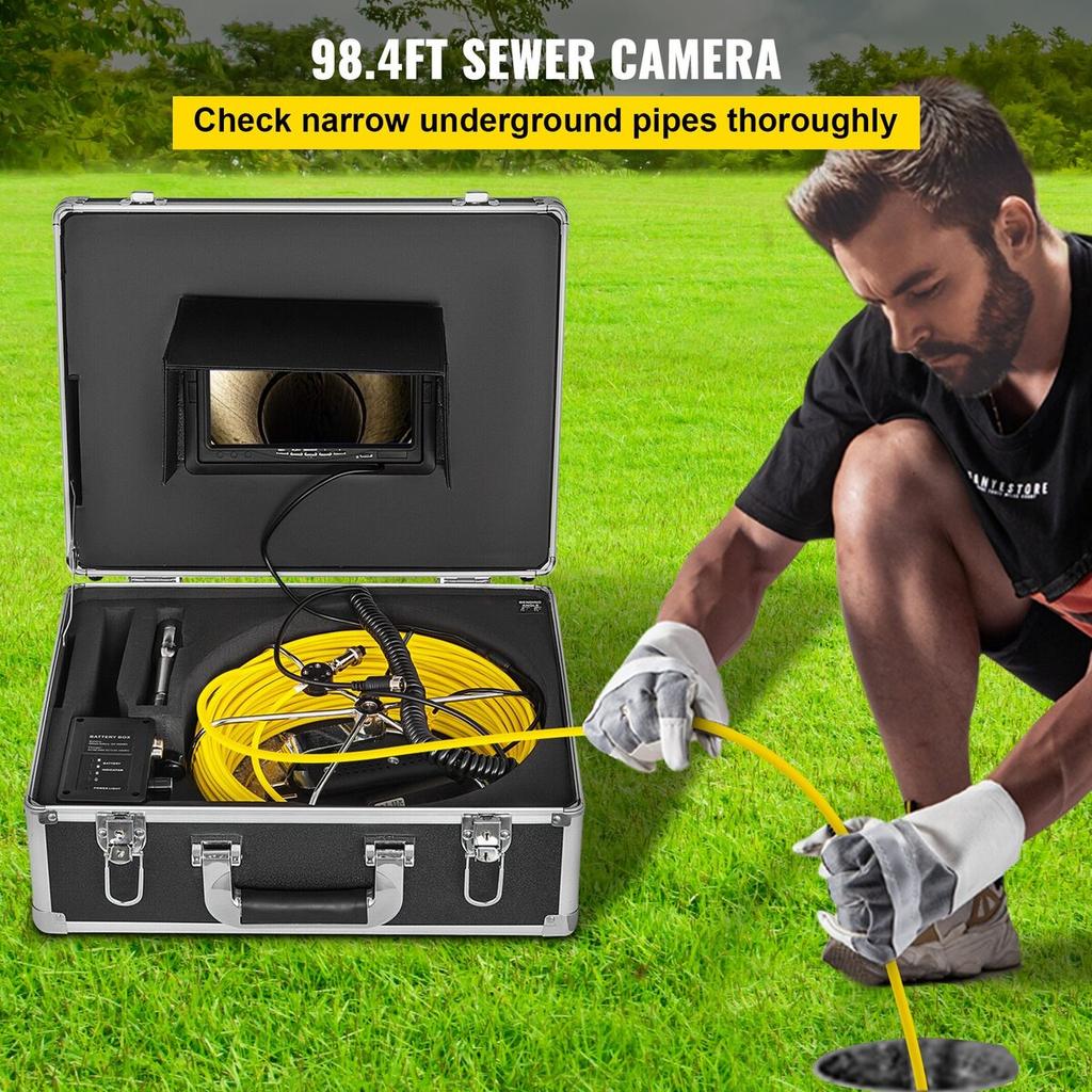 30M Sewer Inspection Video Camera 7” Monitor Pipeline Inspection Camera Drain Camera Industrial Endoscope HD DVR Recorder with 8GB Card