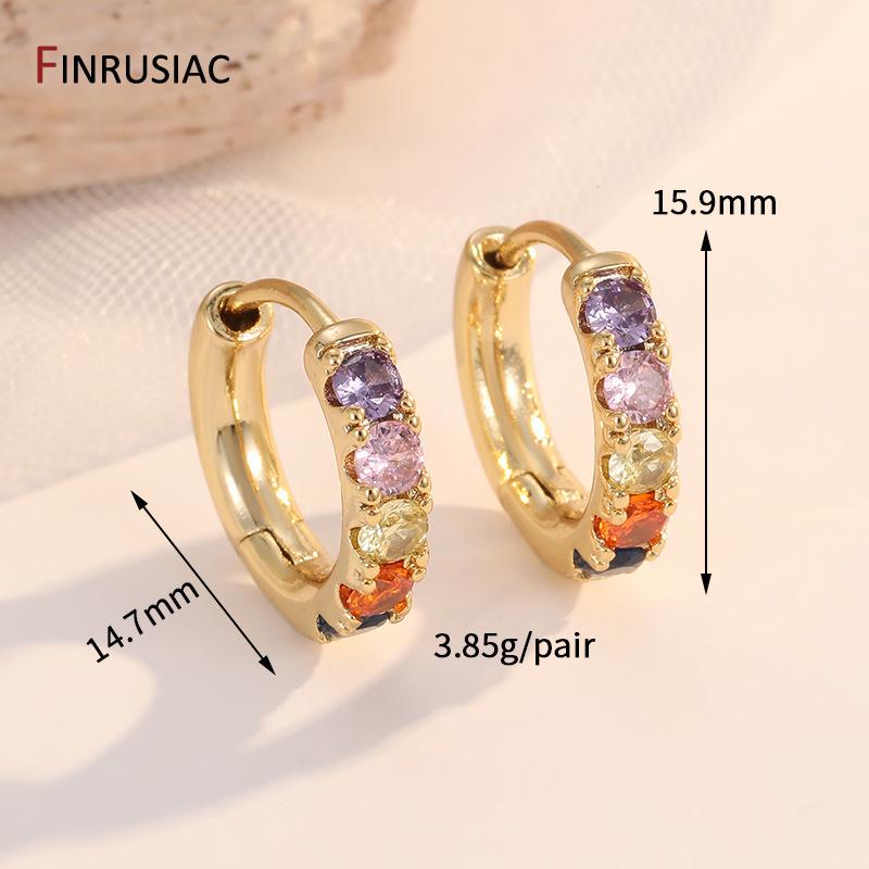 Luxury Rainbow Zircon Hoop Earrings For Women 14K Gold Plated Brass Round Huggie Earrings Wedding Jewelry Gift