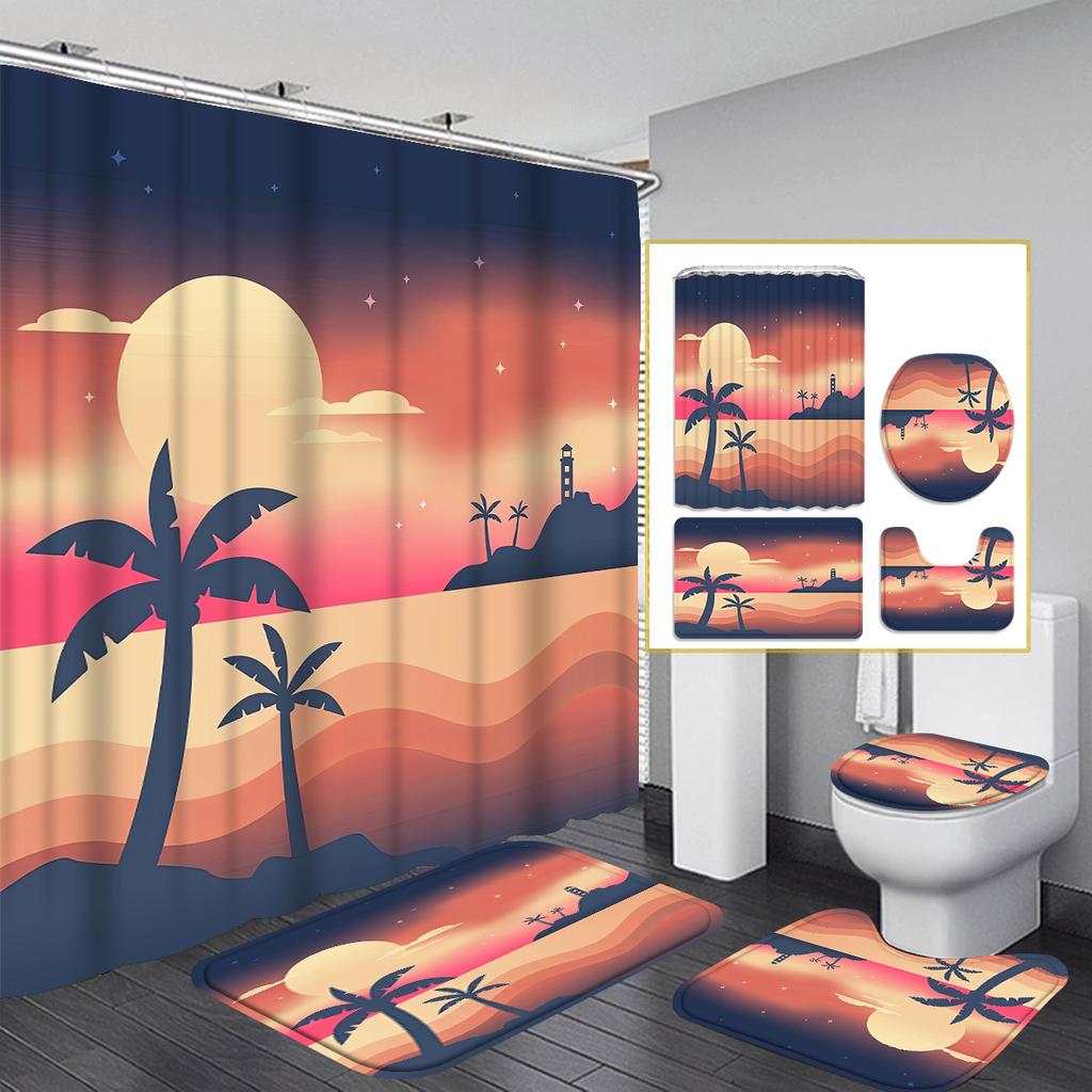 Coconut Tree 4pcs Shower Curtain Bathtub Curtain Shower Curtain with 12 Hooks Non-slip Bath Blanket Toilet U-shaped Mat
