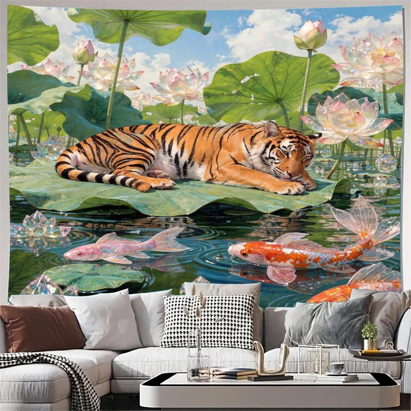 Luxurious Tiger and Lotus Flower Pond Tapestry Wall Hanging Jungle Animal Mural Art Decor for Living Room Bedroom Home