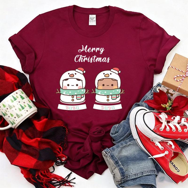 Kawaii SnowUnisex Bubu Dudu Christmas Graphic Tshirt Trendy Funny Cartoon Panda Printing Women Shirt Fashion Holiday Cotton Tees