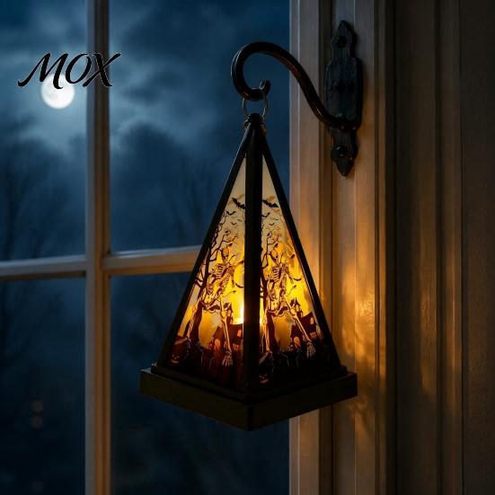 Vintage Style Table Lamp Halloween Lantern LED Candle, Spooky Pumpkin Witch Tabletop Decor with Decorative Holiday Lighting Metal Hanger, Electronic