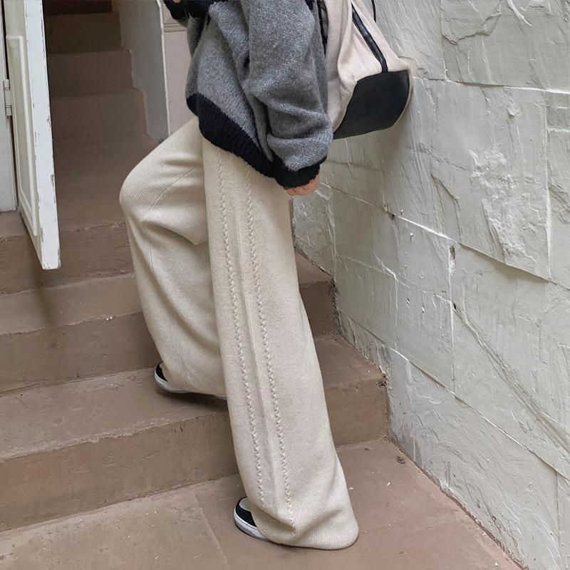 Women's Fashionable Casual Draping Knitted Wide-Leg Pants Elastic Waist Embossed Wool Mopping Trousers