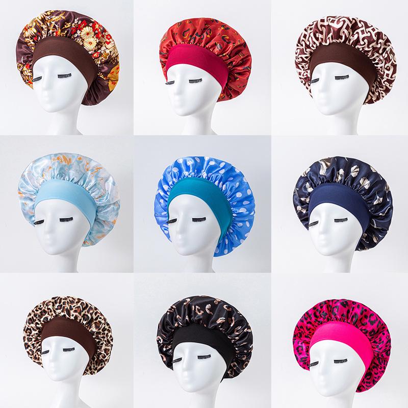 European American Print Satin Sleep Cap - Wide Brim Silky Hair Protection Hat for Women