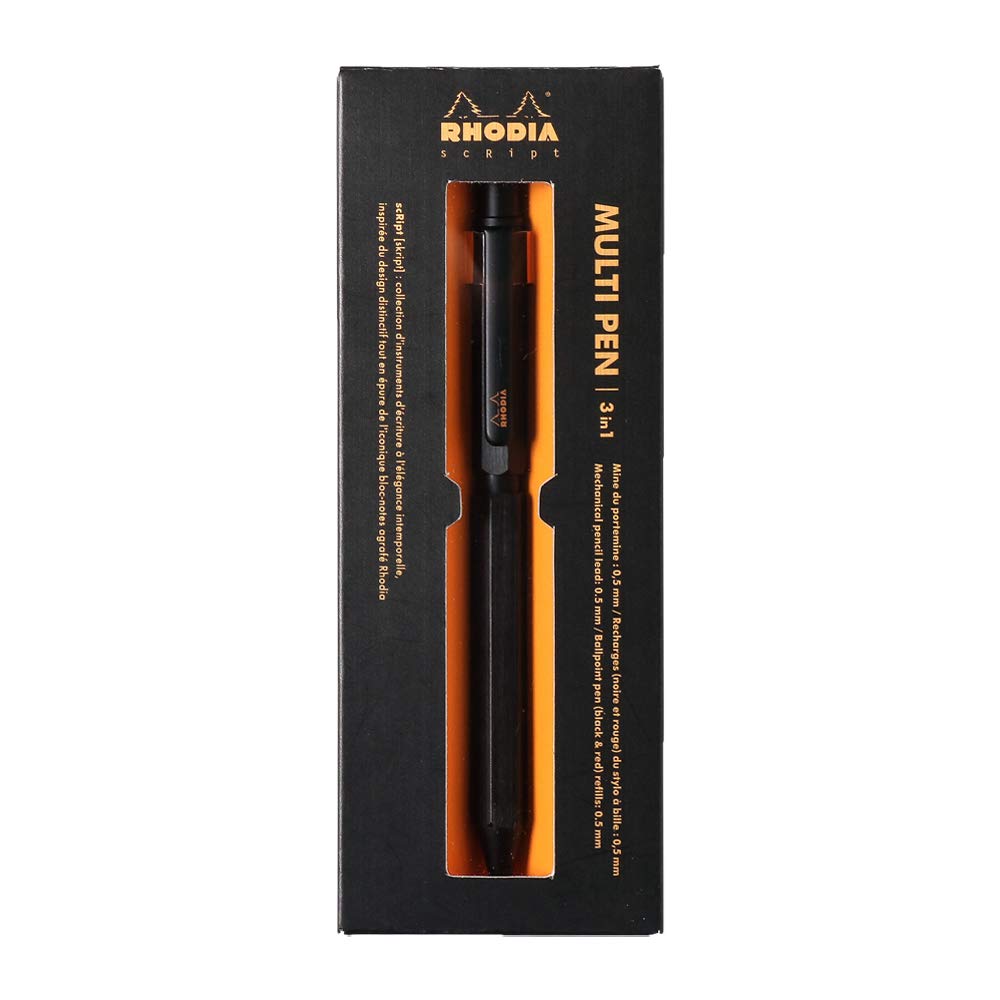 RHODIA SCRIPT Ballpoint Two Colors and Mechanical Aluminum Body with Hairline Rotary Black Multi-Pen, 0.5mm Oil-Based Pen, (Black Red) & 0.5mm Pencil,