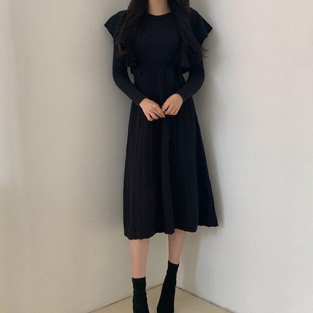 Fashion Ruffles Female Chic Knitted Sweater Dresses 2021 Spring Autumn Lace-up Slim Women Casual Knit Vestidos