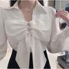 Bow Knot Shirt Women's Long Sleeve Loose French Shirt V Neck Pullover Showing Clavicle