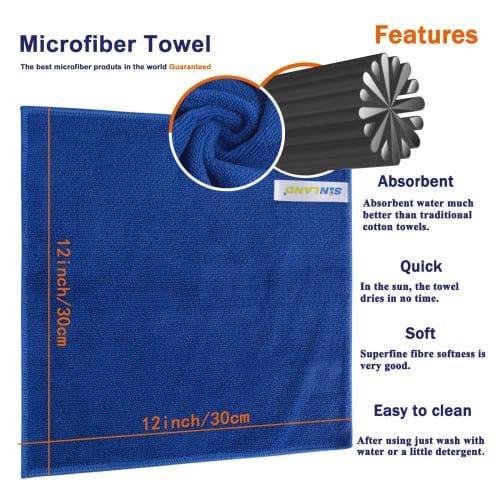 SINLAND Microfiber Cleaning Cloths, Cleaning Towels, for Car Washing, Absorbent, Quick-Drying, 12-Count, Blue