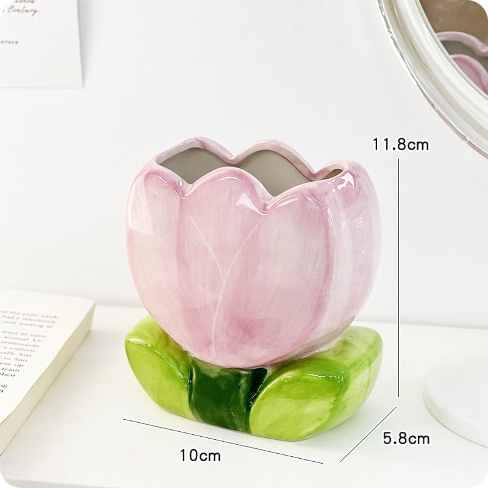 Tulip Flower Flower Makeup Brush Storage Bucket Ceramic Ceramic Tulip Pen Holder Office Pen Holder