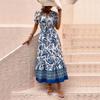 Retro Blue Ethnic Print Holiday Dress - Slim Fit