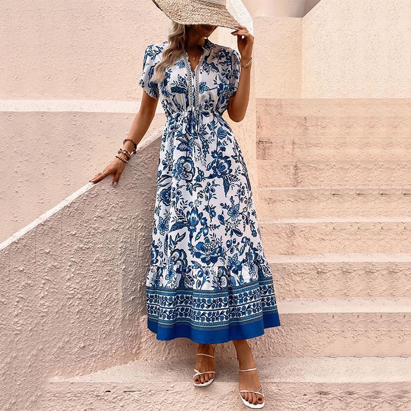 Retro Blue Ethnic Print Holiday Dress - Slim Fit