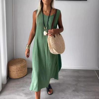 Sommer Casual Damen Baumwolle Leinen Einfarbig Tasche Lange Ärmelloses Kleid