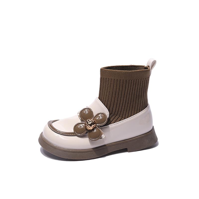 Girl's Cute Little Flower Blossoms Socks Boots Autumn New Collection Children's Knitted Splicing Small Leather Boots Medium Large Children's Shoes