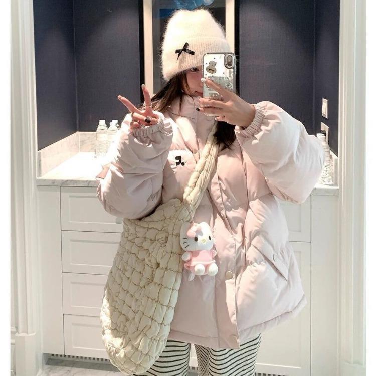 Pink Korean Bread Jacket Women Short Loose Stand Collar Thick Cotton Coat