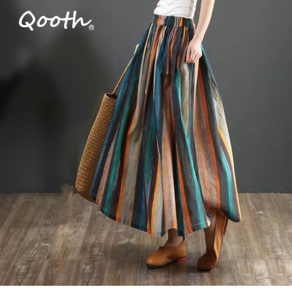 Qooth Women A Line Cotton Pleated Skirt Linen Stripes Wide Hem Mid Length Elastic Waist Skirt QT2651