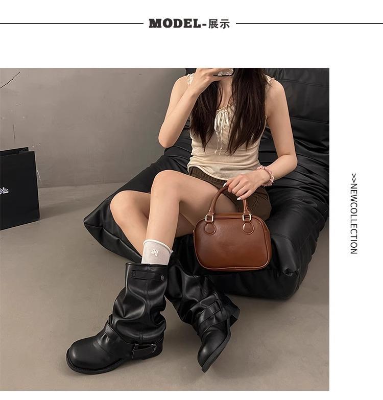 Western Cowboy Boots Women's Pleated Pile Boots Black Retro Coarse Heel Knight Boots Autumn and Winter Short Boots 2025 New