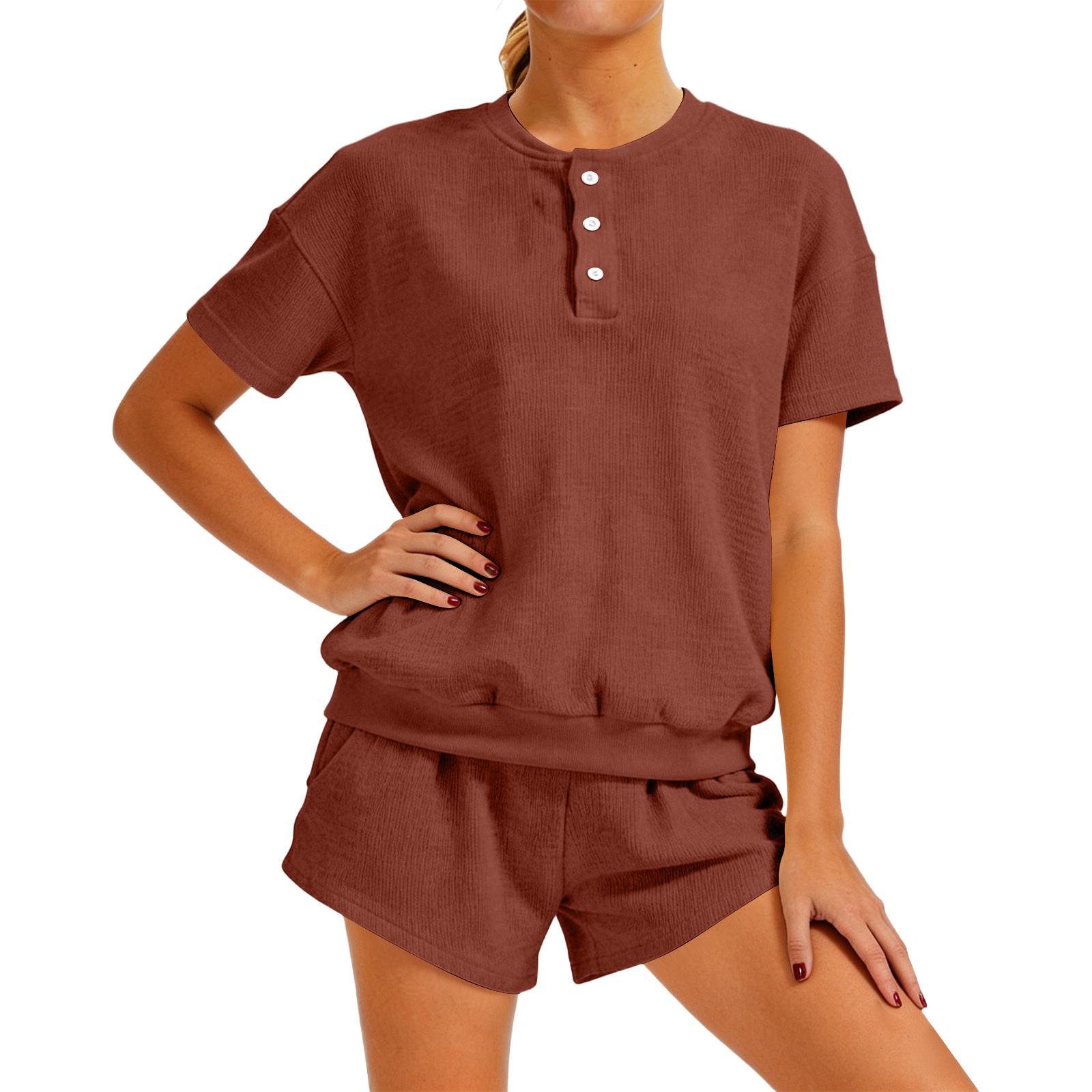

Women s Relaxed Loungewear Set: Short-sleeve Hoodie Paired With High-waisted Shorts, Two-piece Casual Outfit M коричневый