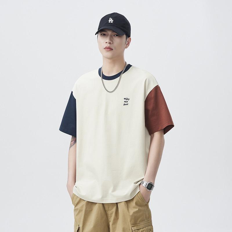 New Summer Contrast Letter Embroidered Loose T-shirt for Men Heavy Pure Cotton Japanese