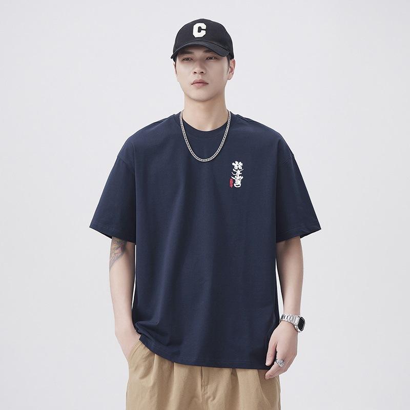 

New Summer National Trend Trend and Interesting Print 250g Pure Cotton Loose Round Neck Fashion T-shirt 4XL темно-синий