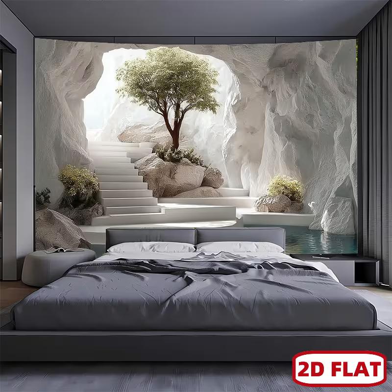 

2D Zen Cave Backdrop, Calm White Stone and Tree Scene Background for Relaxation and Wellness Content 47.2x31.5inch/120*80cm
