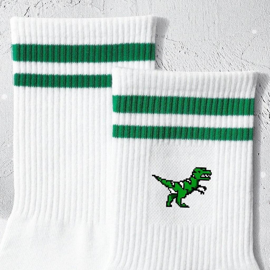 Men and women green striped cartoon dinosaurs cute comfortable socks, breathable sweat absorption deodorant Crew Socks