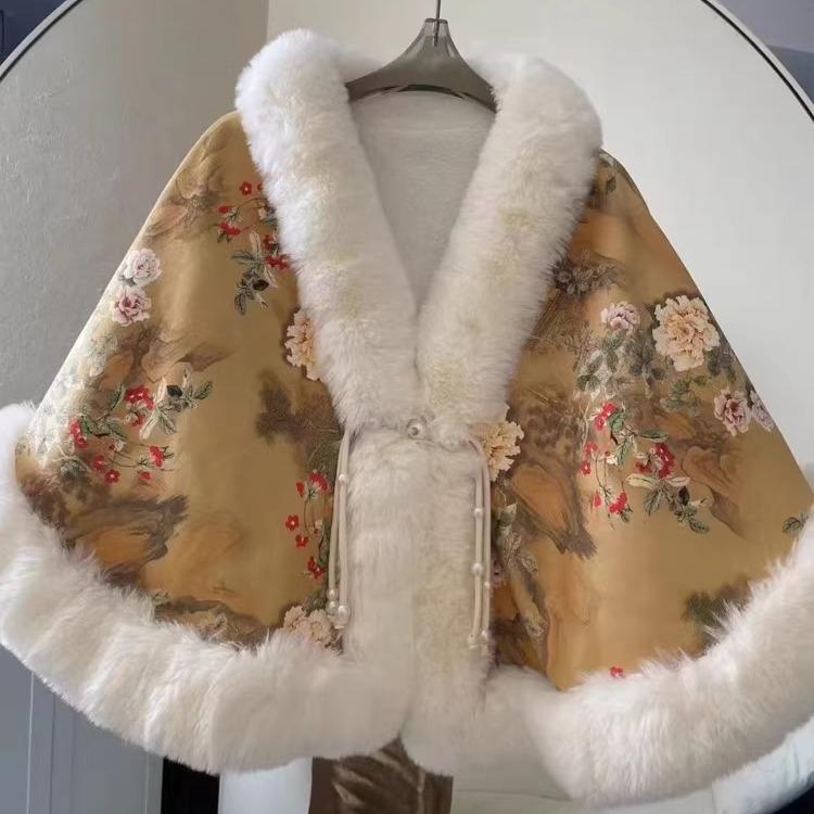 Small Cape Shawl Jacket Women'S Short Printed Velvet Thickened Rex Rabbit Hair Collar Sleeveless Cheongsam Wedding Dress