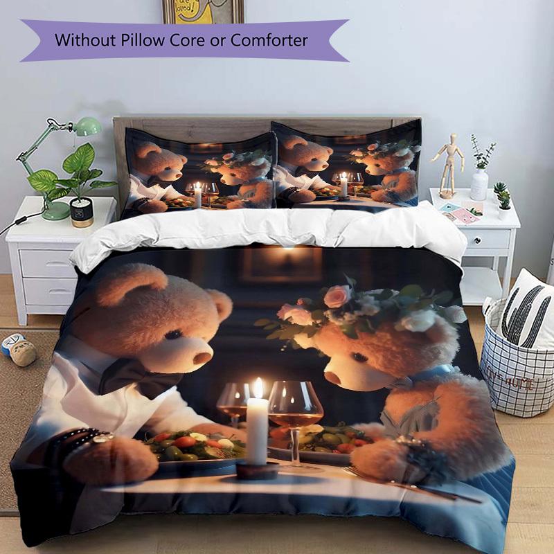 3-teiliges Anime-Teddybär-Bettwäscheset - Enthält einen Bettbezug und zwei Kissenbezüge (Kein Kern) - Perfekt für Schlafzimmer- und Gästezimmerdekoration,