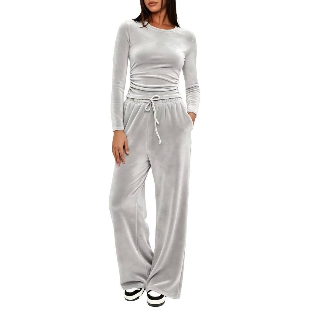 Women's Fashion Casual Activewear Set Long Sleeve Top and High Waist Wide Leg Pants Color Two Piece Outfit