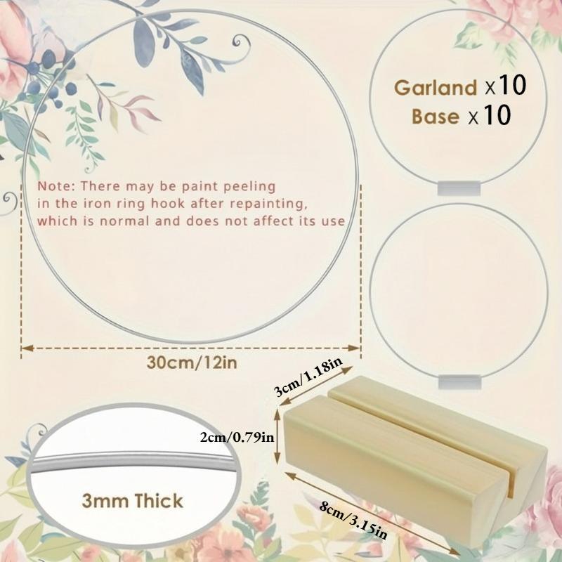 10 Sets Floral Wreath Centerpiece Set with 20-25cm Silvery Metal Ring & Wooden Base Reusable Hoops Wedding Garlands Table Decor