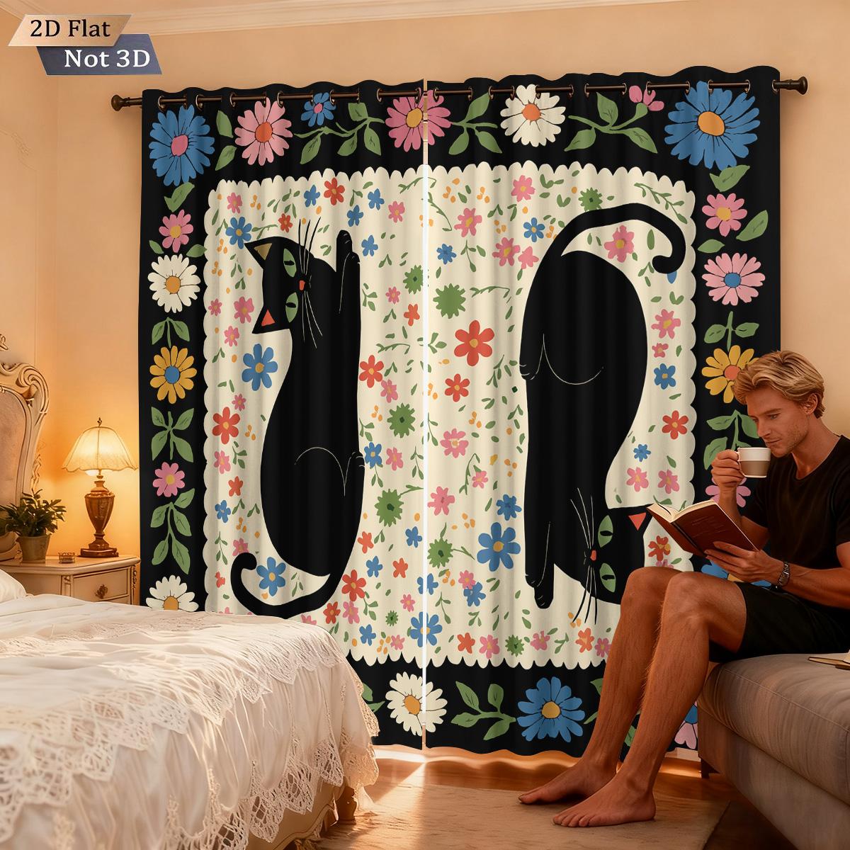 

2pcs retro pattern cute black cat print blackout perforated curtains in multiple sizes living room insulation decoration 100*130 Rod Pocket 1pcs