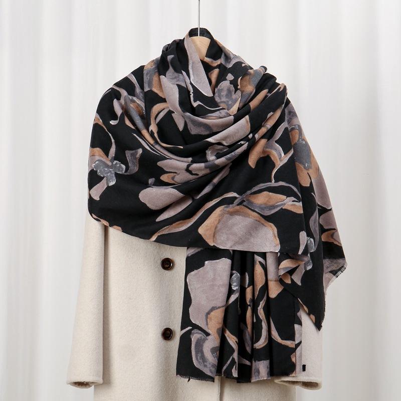Holiday flower skin-friendly velvet autumn and winter skin-friendly and warm imitation cashmere printed scarf versatile shawl
